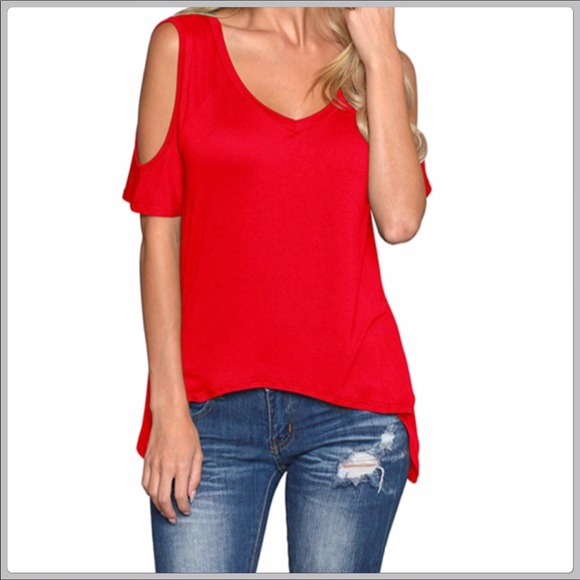 Soft Bright Red Cold Shoulder Tee size M 3XHP - Picture 4 of 7